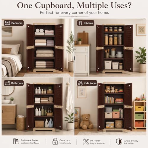 Image of Supreme Furniture Fusion 02 Multipurpose Plastic Cupboard | 40-Months Warranty* | 2 Door Tall Storage Cabinet with 3 Adjustable Shelves | Big Waterproof Organiser for Living Room | DIY | Brown Beige