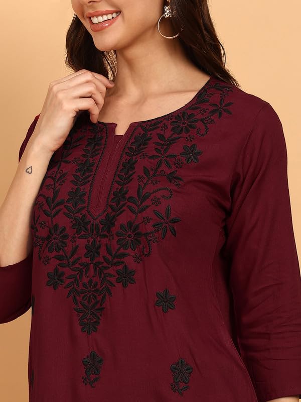 Image of Women Pink Ethnic motifs Embroidered Lucknowi Chikankari Long Kurti