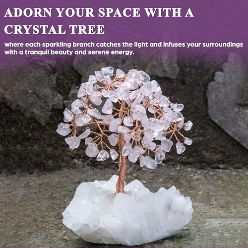 Image of Crocon Rose Quartz Crystal Tree with White Aura Base Tree of Life Decor | Bedroom, Birthday Gifts for Women, Mom Sister Gift, Healing Crystals Cute Home Office Decor Spiritual Housewarming Present