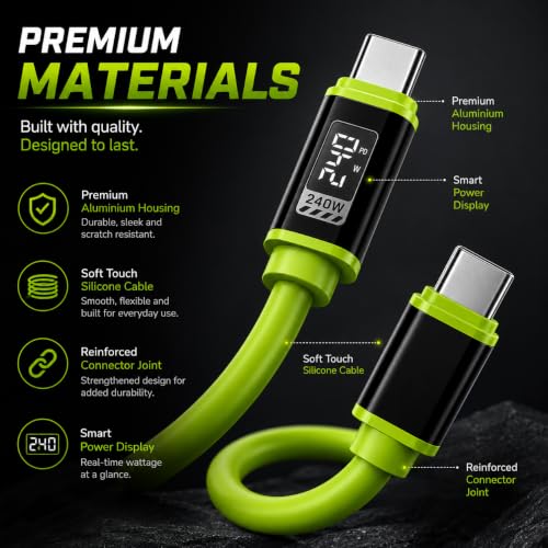 Image of USB-C to USB-C 240W PD Fast Charging Cable, 2M Silicone, Digital Power Display, Super Fast Charging & High-Speed Data Sync, Durable Tangle-Free Charger Cable Compatible with All Device