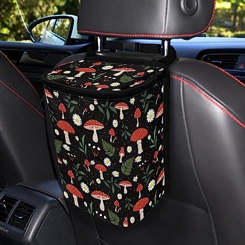 Car Trash Can with Lid and Zipper Boho Cottagecore Mushroom Ferns Print Leakproof Garbage Bag Hanging Back of Seat Auto Interior Accessories Portable Trash Bin Organizer and Storage Bag