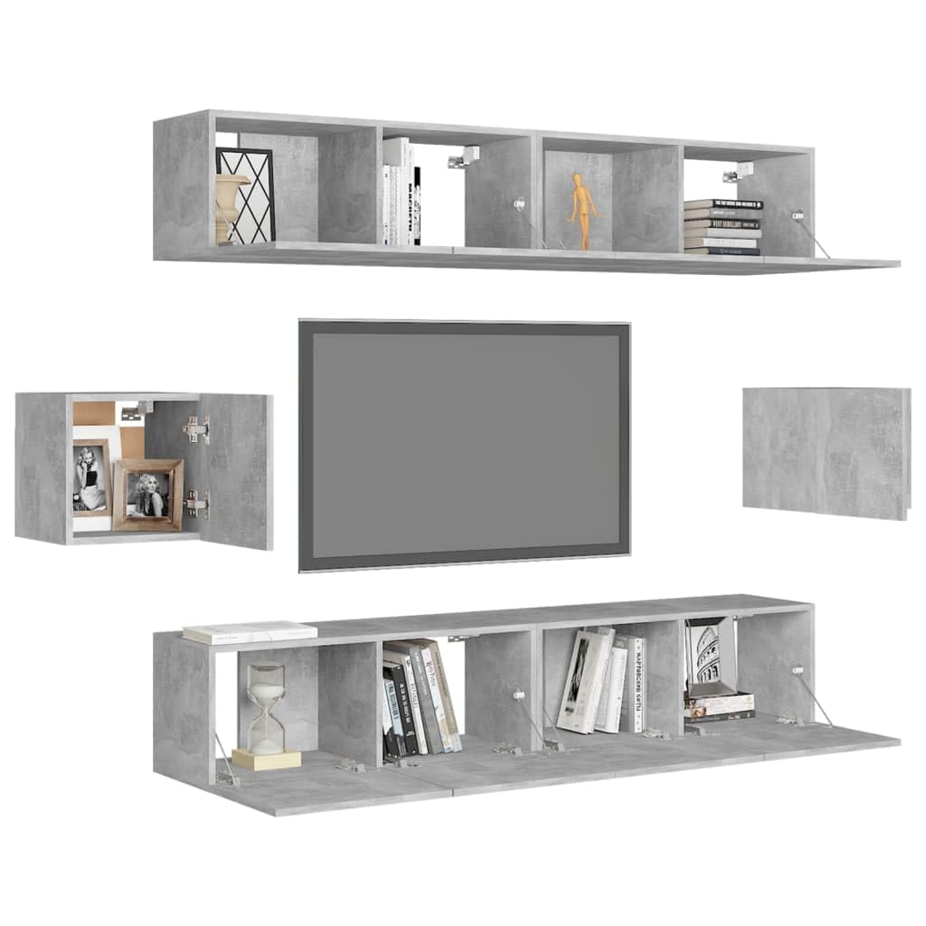 Set di Mobili Porta TV in Legno Multistrato Grigio Cemento con 6 pezzi, Supporto Parete e Mensole, Scaffale con Cassetti e Ripiani, Base e Consolle per Soggiorno