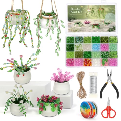 kdafio 6 Pcs Beaded Plant Kit Bead Plant Kit with Green Beads Pots Tools