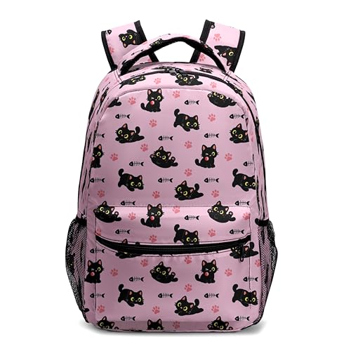 Kwlegh Lovely Black Cat Backpack for Kids Adorable Kitten Schoolbag with Chest Straps for Elementary Primary Preschool Pink Lightweight Kindergarten Bookbags Daypack for Travel Camping