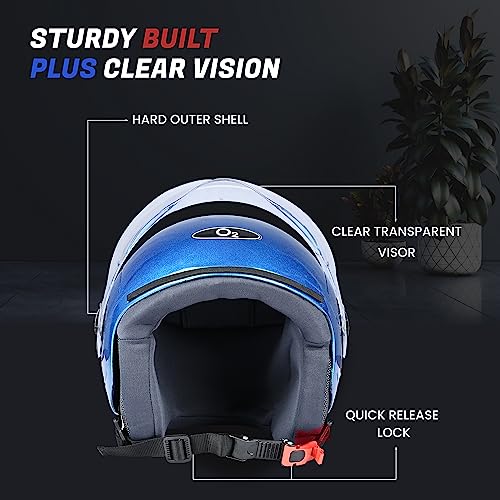 Image of O2 Open Face / Half face Helmet Unisex for Bike Women Men ISI Certified with Clear Visor Smooth Finish Lightweight & Compact (Blue, 580mm Medium)