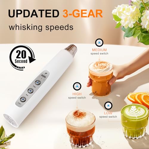 Image of YUSWKO White Handheld Milk Frother Wand for Coffee, Rechargeable Electric Whisk with 3 Heads 3 Speeds Drink Mixer Coffee Frother For Latte, Cappuccino, Hot Chocolate, Egg