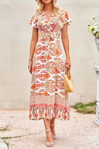 Image of PRETTYGARDEN Women Boho Summer Side Split Deep V Neck Short Sleeves Maxi Dress with Belt
