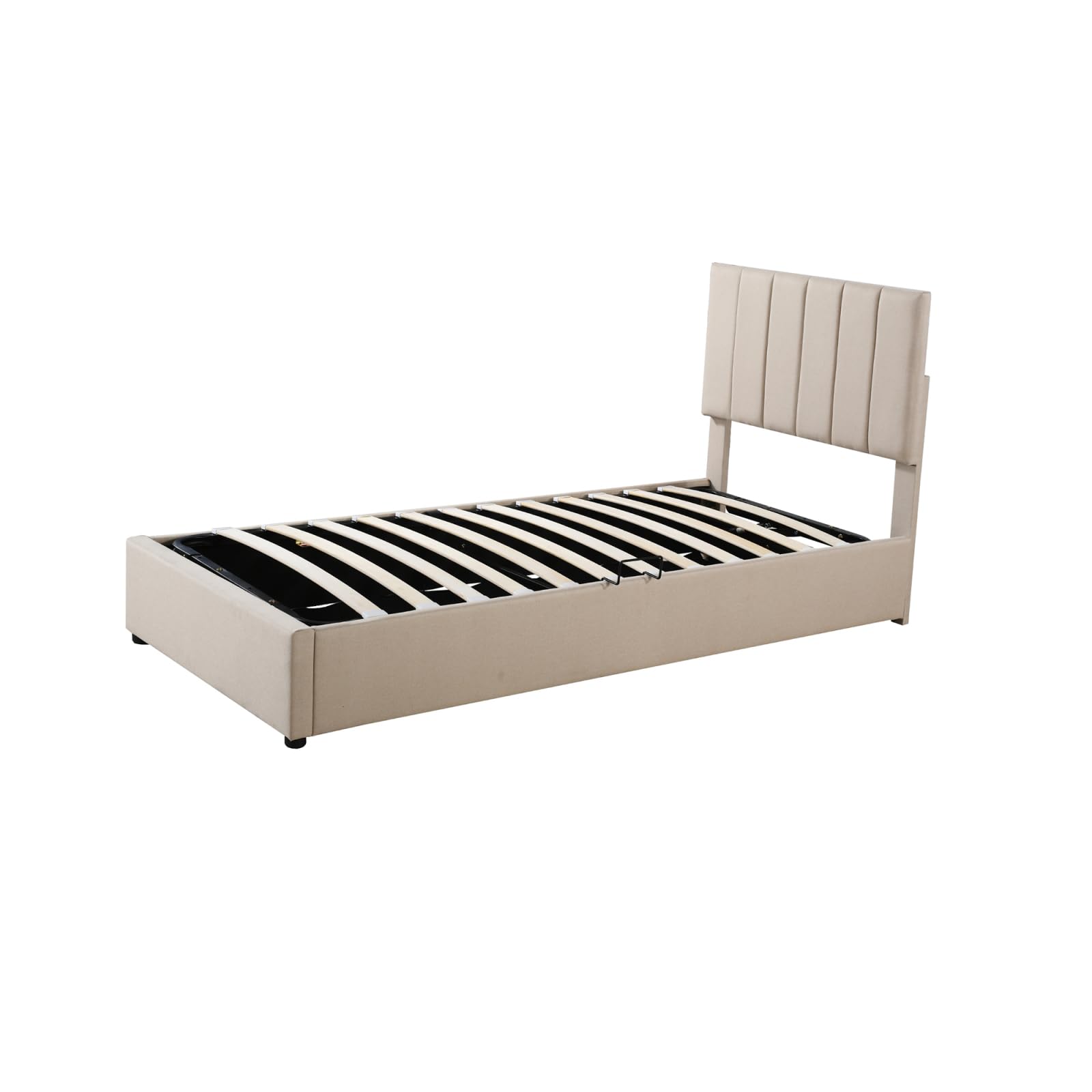 BestAlice Letto per bambini 90x200 cm, letto singolo imbottito 90x200 cm con rete a doghe, testiera regolabile, letto contenitore idraulico alto in lino beige delicato sulla pelle