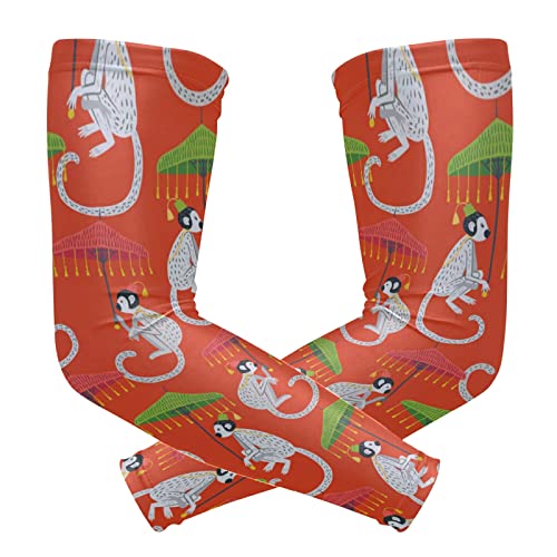 Seamless Vintage White Monkeys with Green Umbrella on Red 1 Pair Cooling Sports Arm Sleeves, Cover Uv Sun Protection Warmer for Sports Men Women Running Golf Cycling Riding Jogging