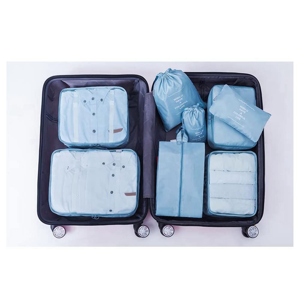 SHTGOI Set di 8 cubi per imballaggio, impermeabili, multifunzionali, organizer da viaggio, borsa per vestiti, borsa per scarpe, borsa per valigia, blu