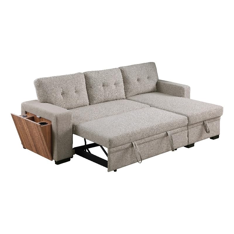 Devion Furniture92" W Modern L-Shaped Polyester Fabric Upholstered Reversible Side Compartment Sleeper Sectional Sofa Bed with Chaise in Light Gray Finish