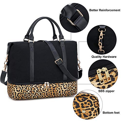 CAMTOP Canvas Weekender Bag, Travel Duffle Women Ladies Carry-on Tote with Shoe Compartment and Luggage Sleeve (Leopard-Black)