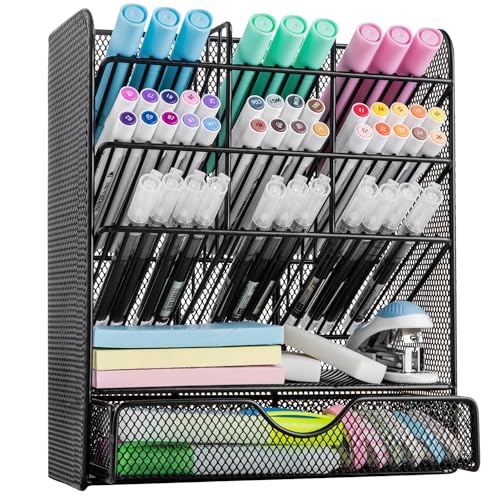 Spacrea-Metal-Pen-Organizer-Pencil-Holder-for-Desk-Desk-Organizer-with-Drawer-for-School-Home-Art-Supplies-Black
