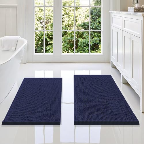 Image of Smiry Bathroom Rugs Sets 2 Piece, Soft Absorbent Chenille Machine Washable Non Slip Shaggy Bath Rug Set for Tub, Shower, and Floor (34x21+30x20, Navy Blue)