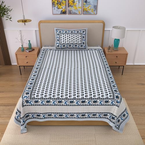 Image of 100% Cotton Single Bedsheet with 1 Pillow Cover | 240 TC Pure Cotton Flat Bed Sheet | Traditional Jaipuri Printed Bedding Set | Soft & Breathable | 60 x 90 Inch (Rangmahal Single 34)