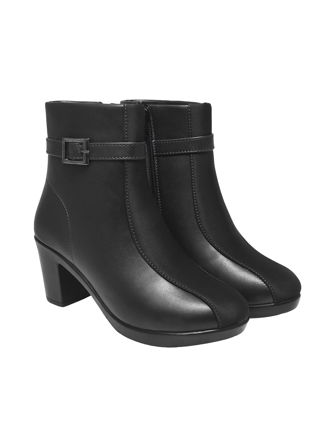 Women's Faux Leather Ankle Boots with Mid Heel and Buckle Strap || Side Zipper Comfort Booties for Fall & Winter