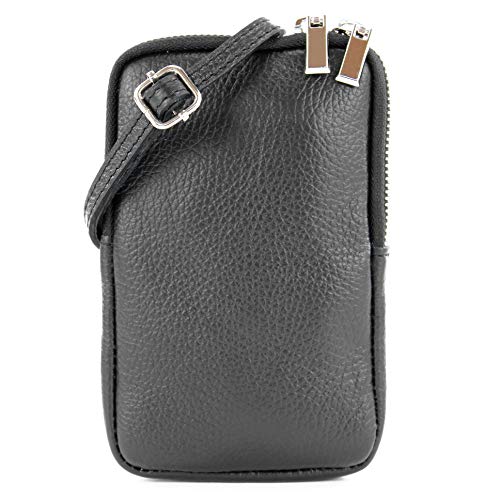 modamoda de T197 Damen Leder Handytasche 6,7 Zoll Umhängetasche handmade in Italy, Farbe:Schwarz