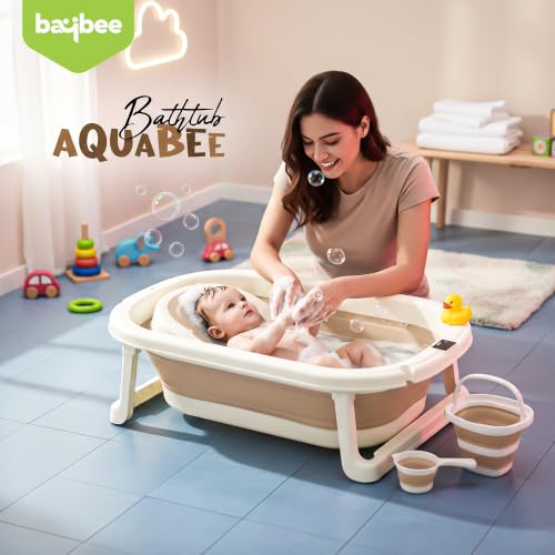 Image of Baybee Aquabee Baby Bath Tub Set for Kids | Portable Bathing Tub with Temperature Sensing | Foldable Bucket & Mug | Bath Seat Chair | Multi-Purpose Bathtub for Baby Bather for 0 to 5 Years (Beige)