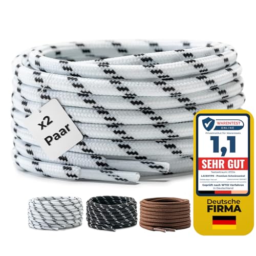 LaceHype 2 paia - Lacci rotondi premium [ Ø4,5 mm ] in poliestere per scarpe da lavoro, stivali, scarpe da escursionismo e scarpe sportive, lacci resistenti agli strappi, bianco / nero, 150 cm - 2