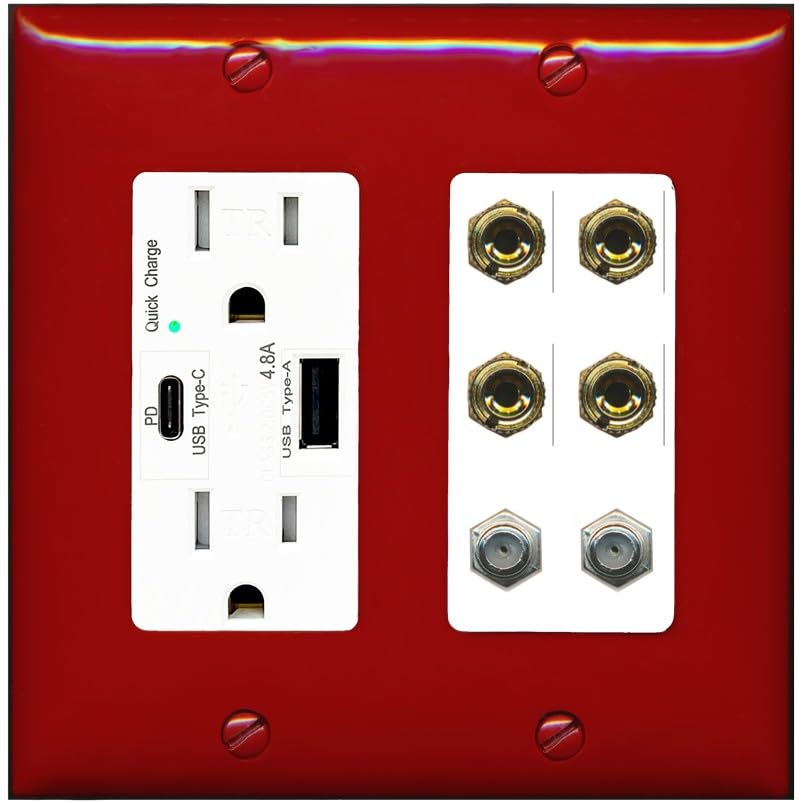 RiteAV 4 Port Banana 2 Speaker Binding Post 2 Coax Wall Plate - USB A+C Outlet [White]