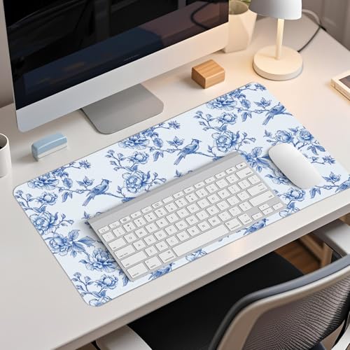 Image of Navy Blue Chinoiserie Mouse Pad,Vintage Blue and White Floral Desk Mat,XL Large Flowers and Birds Preppy Mouse Pad,Girly Laptop Desk Mat for Dorm Home Office,23.6x11.8 Inch