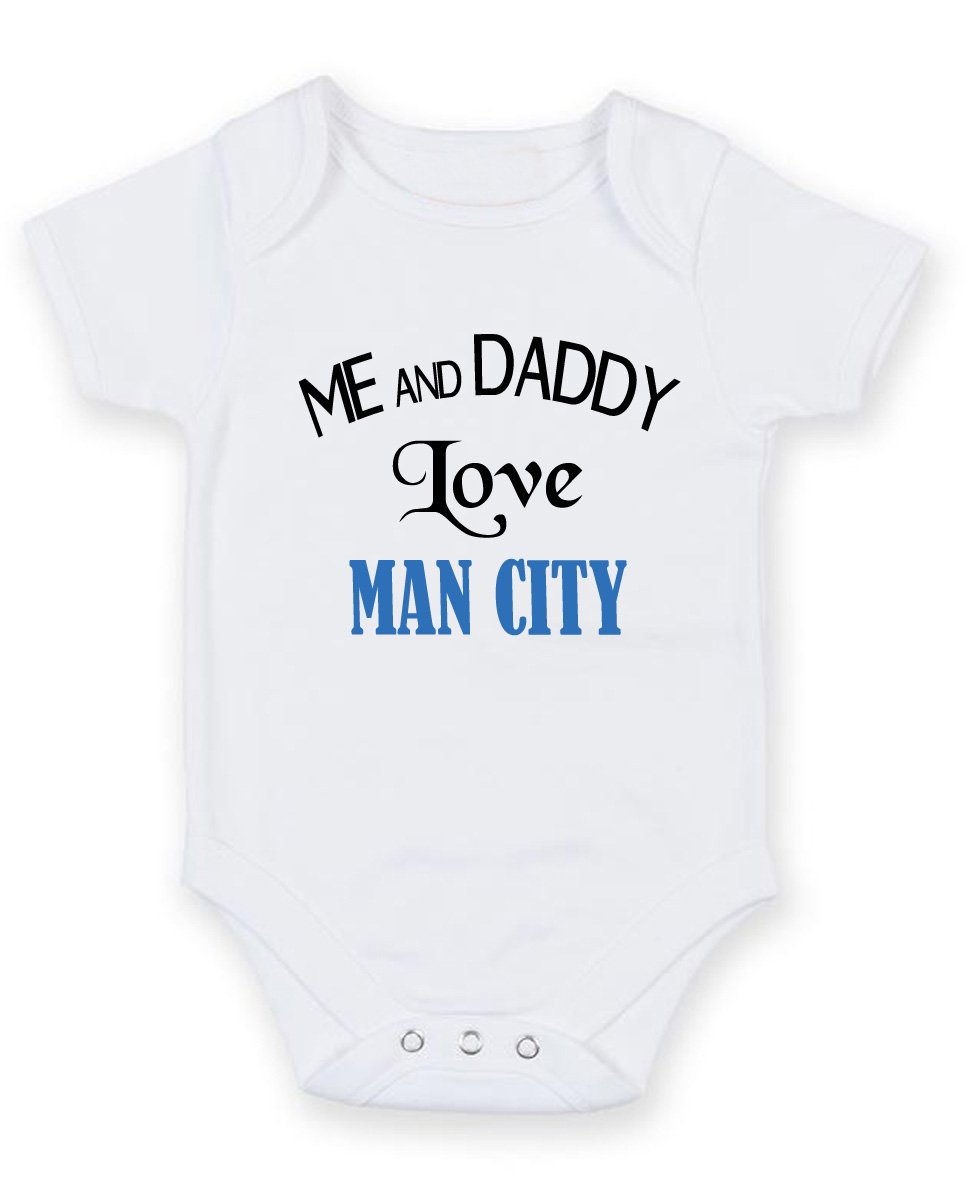 FoxyPrinting Me And Daddy Love Man City - Personalised Baby Boy Girl Baby VestUnisex Short Sleeve Bodysuit (6-9 months)