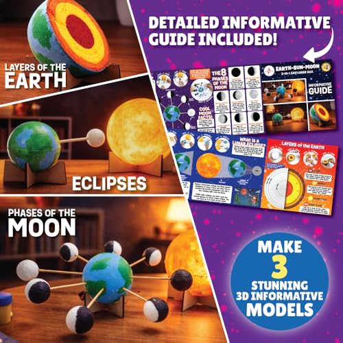 Image of Kalakaram DIY Earth-Sun-Moon Model Kit | 3D Informative 3-in-1 Space Toy for Kids | DIY STEM Educational & Science Toy | Paint & Learning Craft Activity Set | Birthday Gift for Boys & Girls Ages 7+