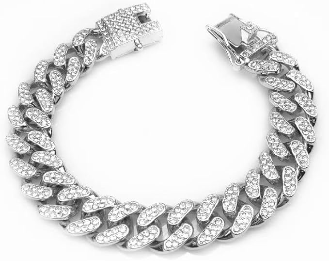 Silver Dog Collar Cuban Link Crystal Dog Chain Design Secure Buckle Jewelry Accessories for XXS XS Small Medium Large Pet Male Dogs Boy Kitten (12inch) image 3