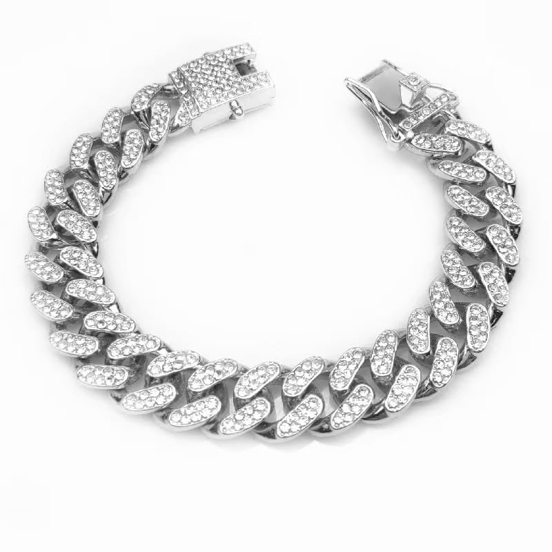 Image of Cuban Link Silver Dog Chain Collar Design Secure Buckle Crystal Necklace Metal Jewelry Accessories for S M Small Medium Large Pet Male Dogs (14inch)