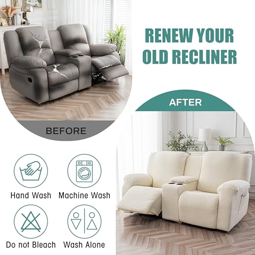 Image of Genina Recliner Loveseat Covers with Console, Stretch Reclining Sofa Covers, 2 Seater Couch Cushion Stripe Jacquard Recliner Slipcovers - Furniture Protector Covers for Pet Kid (Beige)