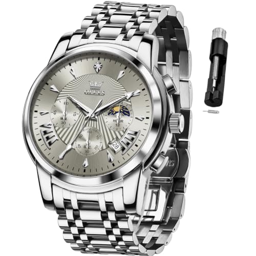 Image of OLEVS Watch for Men Classic Business Dress Analog Quartz Stainless Steel Waterproof Luminous Date Diamond Men Silver Watch