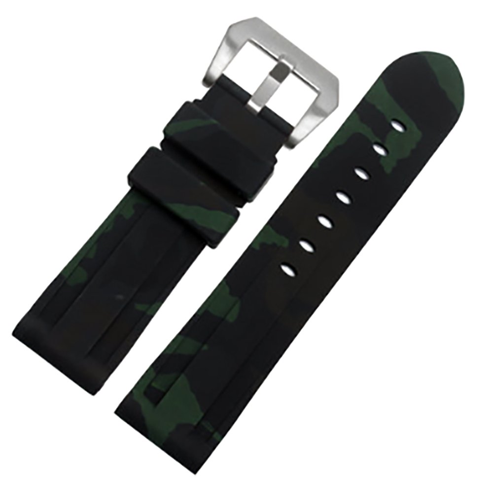 24mm Camouflage Diver Rubber Silicone Watch Band PVD Tang Buckle Strap Fits for Panerai Luminor (Dark Green?Silver Buckle?)