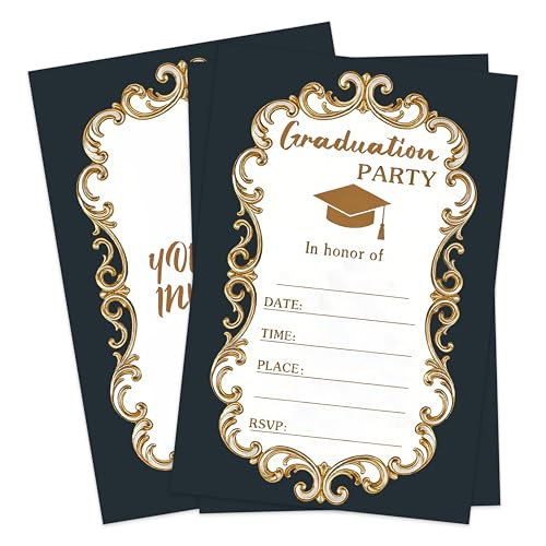 2026 Graduation Party invitation, 25 Black Gold Graduation Party Invite with Envelopes, Grad Announcement Invite for High School College Celebration Party