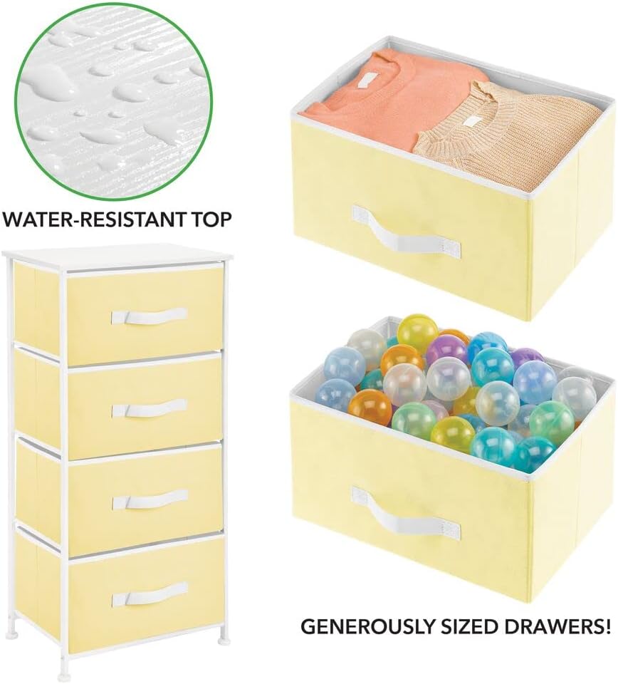 🔥 Flash Sale mDesign Tall Dresser Storage Tower Stand - Sturdy Steel Frame, Wood Top, 4 Drawer Easy Pull Fabric Bin - Organizer for Bedroom, Hallway, Entryway, Closet - Textured Print - Light Yellow/White Review Product mDesign Tall Dresser Storage Tower Stand - Sturdy Steel Frame, Wood Top, 4 Drawer Easy Pull Fabric Bin - Organizer for Bedroom, Hallway, Entryway, Closet - Textured Print - Light Yellow/White