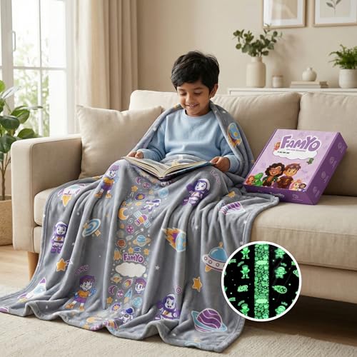 Image of Famyo GlowMaxx Glow in Dark Kids Flannel Blanket 200x152 cm | Leo the Astro, soft flannel double bed blanket, warm winter blanket, lab-tested & safe, grey for kids