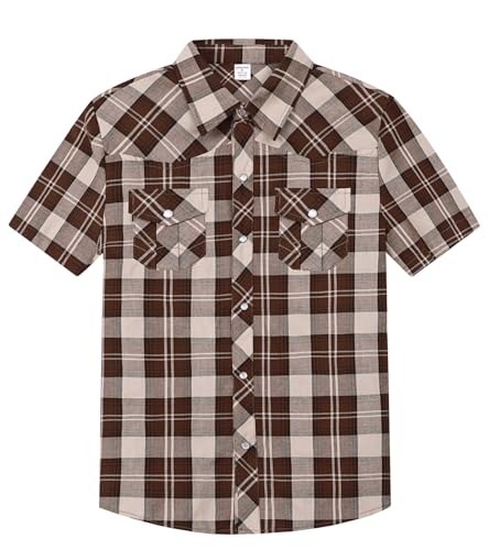 Image of COSLAND Boy's Toddler Cotton Western Short Sleeve Button Down Plaid Shirt, 4-14 Years