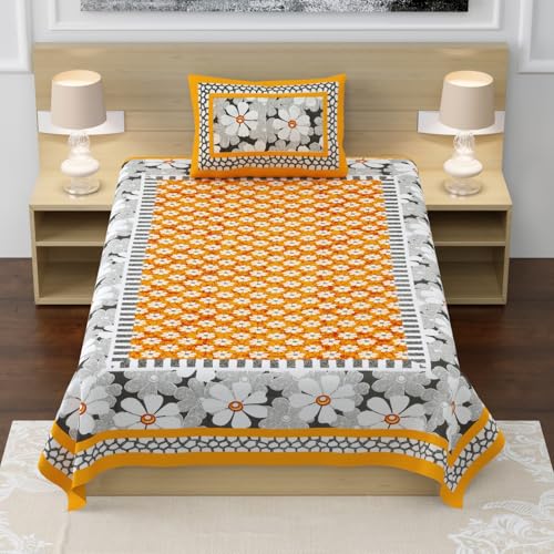 Image of RajasthaniKart Pure 100% Cotton Single Bed Sheet with 1 Pillow Cover (Bedsheet for Single Bed Cotton, Yellow Floral)