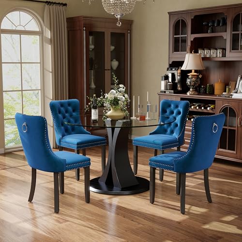 Image of 5-Piece Dining Table Set with 39In Tempered Glass Table and 4 Velvet Upholstered Chairs, Modern Scandinavian Furniture for Dining Room Kitchen(Blue)