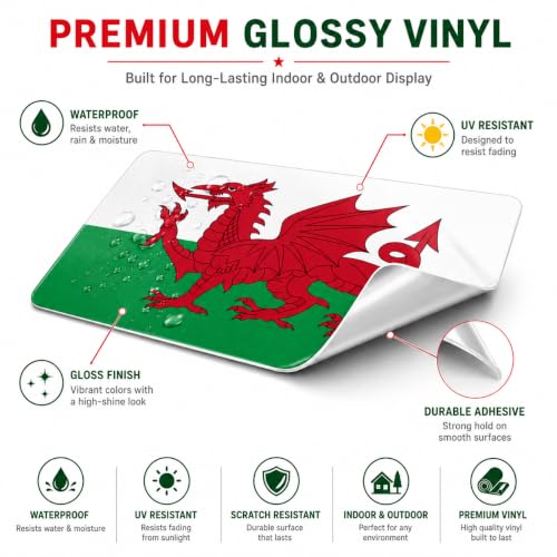 Image of Wales Vinyl Flag Stickers, Car Decals, Waterproof Indoor Outdoor, Laptop Stickers, Car Bumper, Welsh Flag, 5 x 3 Inches, Set of 3