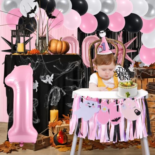 Image of Spooky One High Chair Banner for Halloween First Birthday Party Decorations | Pink Ghost Hallow-One Birthday High Chair Fabric Banner for Girls 1st Boo Day High Chair Banner for Backdrop Decorations