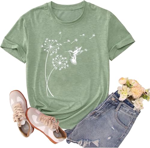 Women's Dandelion T Shirts Cute Wildflower Graphic Tees Funny Nature Bird Print Summer Casual Short Sleeve Tee Tops Light Green-S