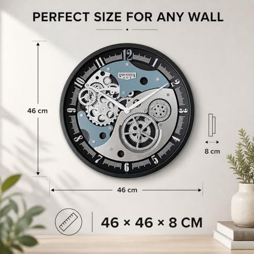 Image of ARMONIA Mechanical Moving Gear Wall Clock for Living Room | 46 cm Acrylic Industrial Steampunk Analog Wall Clock | Real Moving Gears, Dual Tone Design | Modern Home & Office Decor | Silver Black
