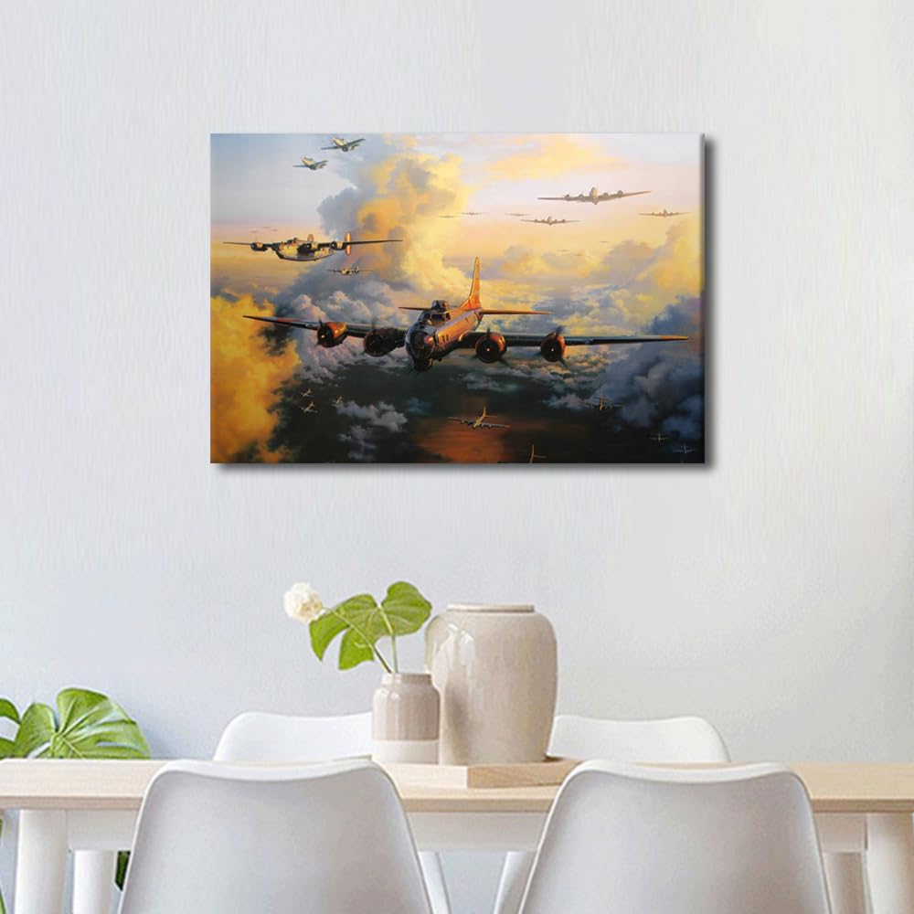 Black and White Wall Art 1 Panel WWII Airplanes Paintings Military Aircraft Pictures Print on Canvas Wall Decor Winter Decoration for Living Room Bedroom Framed Gallery-Wrapped Ready to Hang 24x16 in - Image 2
