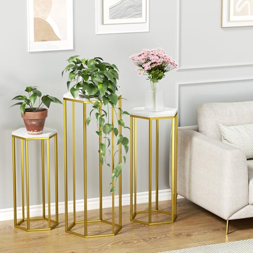 Urban Deco Cylinder Stands for Party, Set of 3 Gold Metal Hexagon Cake Pedestal Stand with Marbled Countertop, Flower Plant Pedestal Stands for Display Parties Wedding Birthday Decor, 3PCS, Gold by Urban Deco - Image 7