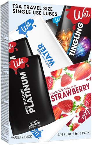 Image of Wet On The Go Variety Pack Personal Lubricant | Ultra-Smooth Silicone, Water-Based, Tingling Sensation & Strawberry Flavored | Single-Use Travel Sachets for Men, Women & Couples | 3mL, 8 Count