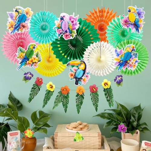 Image of PAPER JAZZ Tropical Toucan Hibiscus Party Decorations, Hawaiian Jungle Theme Supplies, Yellow Pink Hanging Ornaments for Luau Tiki Party