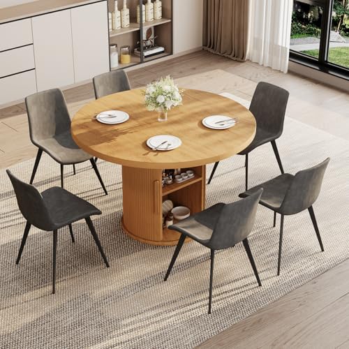 Image of HIPIHOM 5-Piece Dining Set for Small Spaces 43.3 inch Round Table & 4 PU Leather Chairs, Modern Farmhouse with Storage Shelf, Apartment Kitchen Easy Assembly (Natural Color Round Table + 4 Gray Chairs)