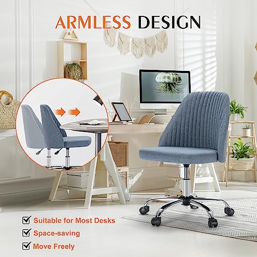 Image of Sweetcrispy Armless Vanity Chair, Cute Comfy Home Office Desk Chair with Wheels, Modern Upholstered Task Computer Seat for Bedroom, Study, Makeup Vanity, Height Adjustable & Swivel, Blue