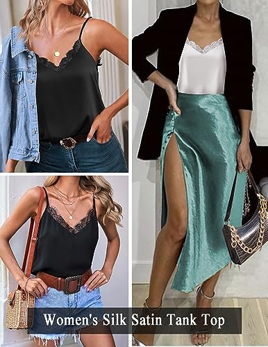 Zeagoo Camisole Tops for Women Slik Satin Spaghetti Strap Tank Top Lace V Neck Cami 2 PCS2