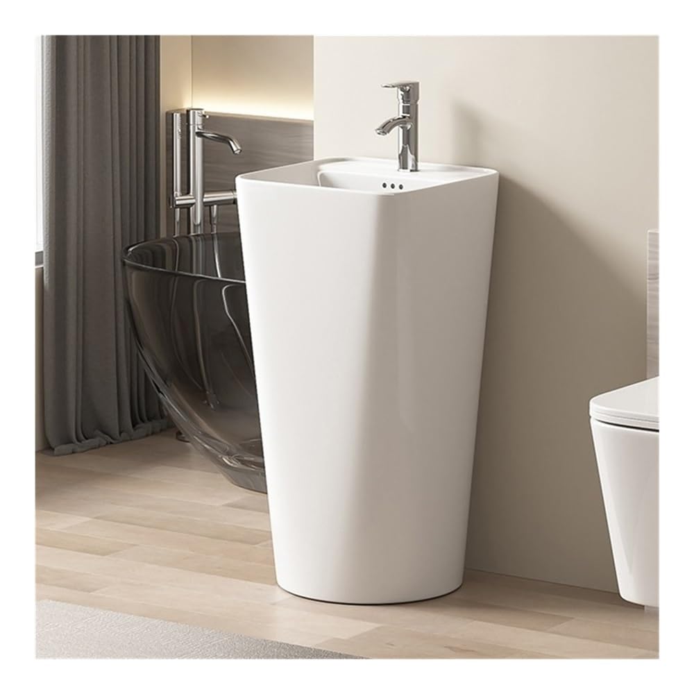 Biały porcelanowy zlew na cokole ze srebrnym kranem i zestawem odpływowym elegancki zestaw umywalkowy łazienkowy nowoczesny design do remontu domu